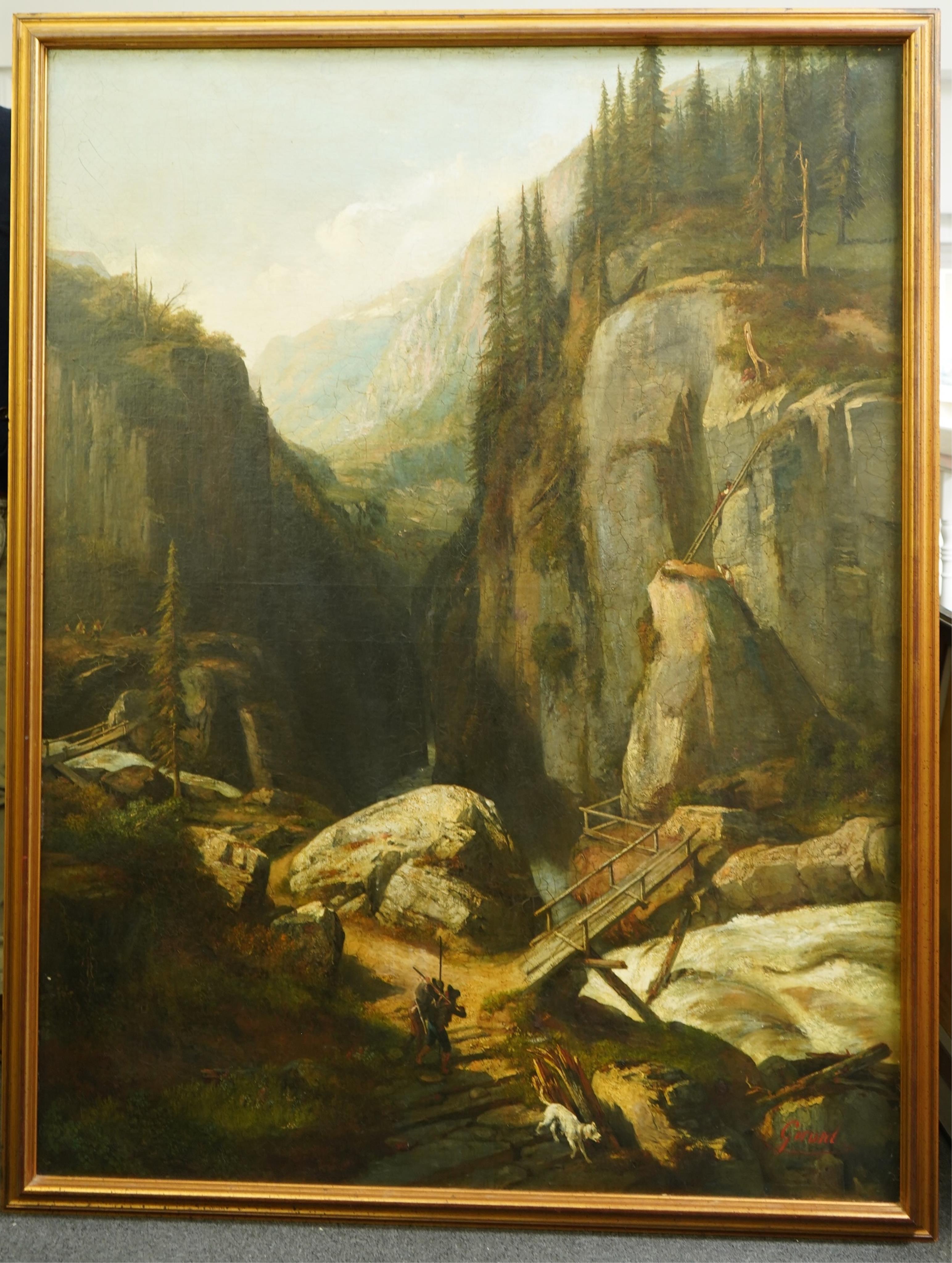 Pierre Girard (French, 1806-1872), Landscape with a deep ravine, river bridge and figures, possibly Unfailing, oil on canvas, 160 x 120cm